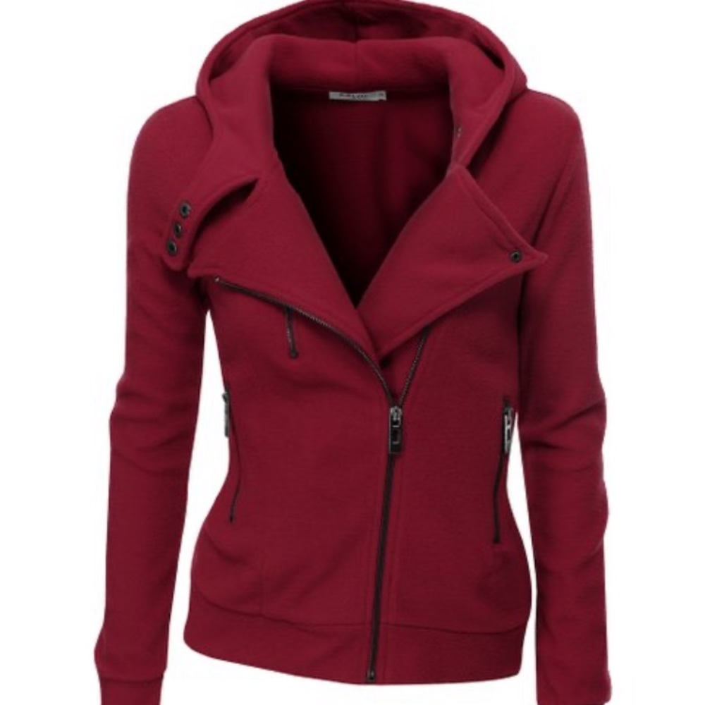 Burgundy Fitted Fleece Moto Jacket